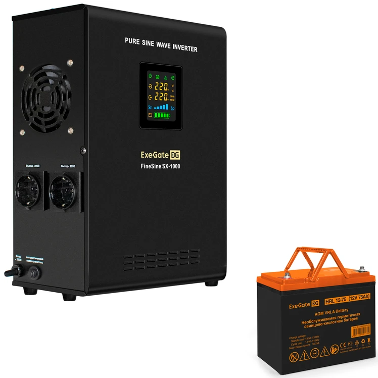ИБП + батарея ExeGate FineSine SX-1000.LCD.AVR.2SH + HRL 12-75 (75Ач) - фото 1
