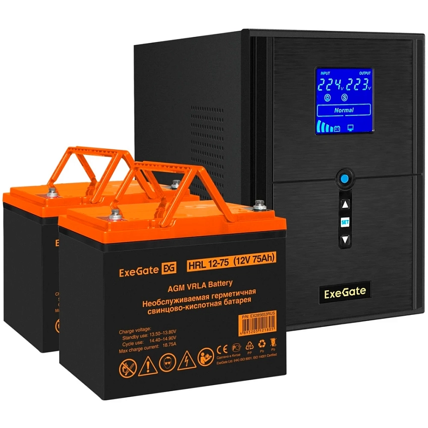 ИБП + батарея ExeGate SineTower SZ-2000.LCD.AVR.3SH.1C13.USB + 2x HRL 12-75 (75Ач) - фото 1