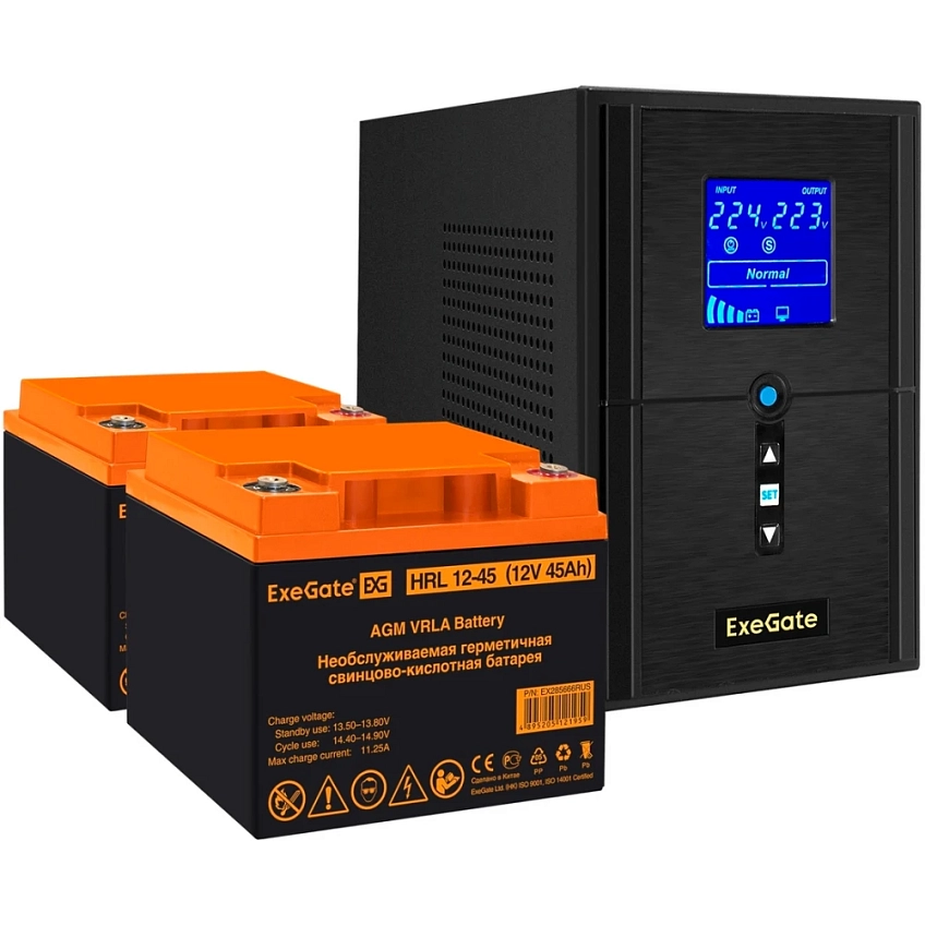 ИБП + батарея ExeGate SineTower SZ-1500.LCD.AVR.2SH.1C13.USB + 2x HRL 12-45 (45Ач) - фото 1