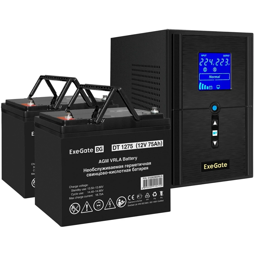 ИБП + батарея ExeGate SineTower SZ-1500.LCD.AVR.2SH.1C13.USB + 2x DT 1275 (75Ач) - фото 1
