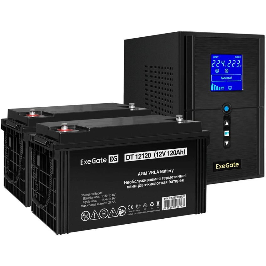 ИБП + батарея ExeGate SineTower SZ-1500.LCD.AVR.2SH.1C13.USB + 2x DT 12120 (120Ач) - фото 1