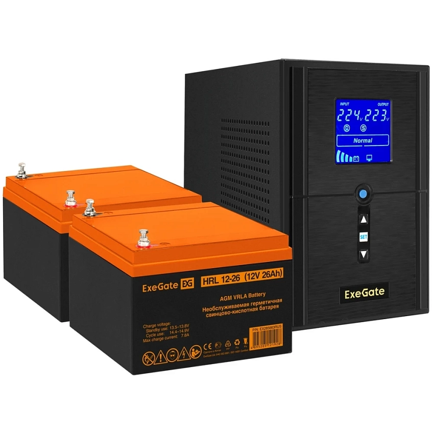 ИБП + батарея ExeGate SineTower SZ-1500.LCD.AVR.2SH.1C13.USB + 2x HRL 12-26 (26Ач) - фото 1