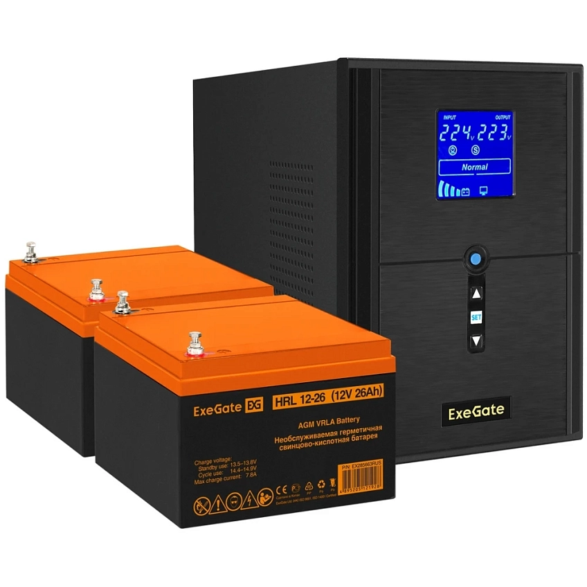 ИБП + батарея ExeGate SineTower SZ-2000.LCD.AVR.3SH.1C13.USB + 2x HRL 12-26 (26Ач) - фото 1