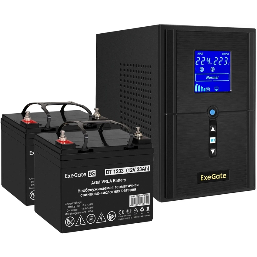 ИБП + батарея ExeGate SineTower SZ-1000.LCD.AVR.2SH.1C13.USB + 2x DT 1233 (33Ач) - фото 1