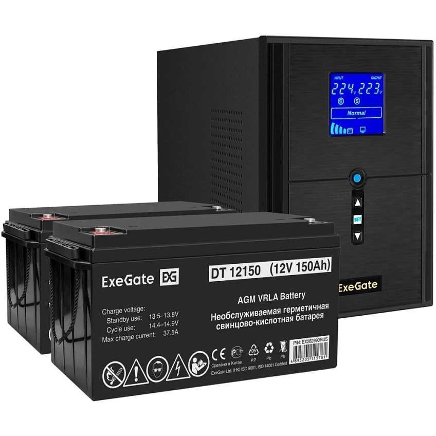 ИБП + батарея ExeGate SineTower SZ-2000.LCD.AVR.3SH.1C13.USB + 2x DT 12150 (150Ач) - фото 1
