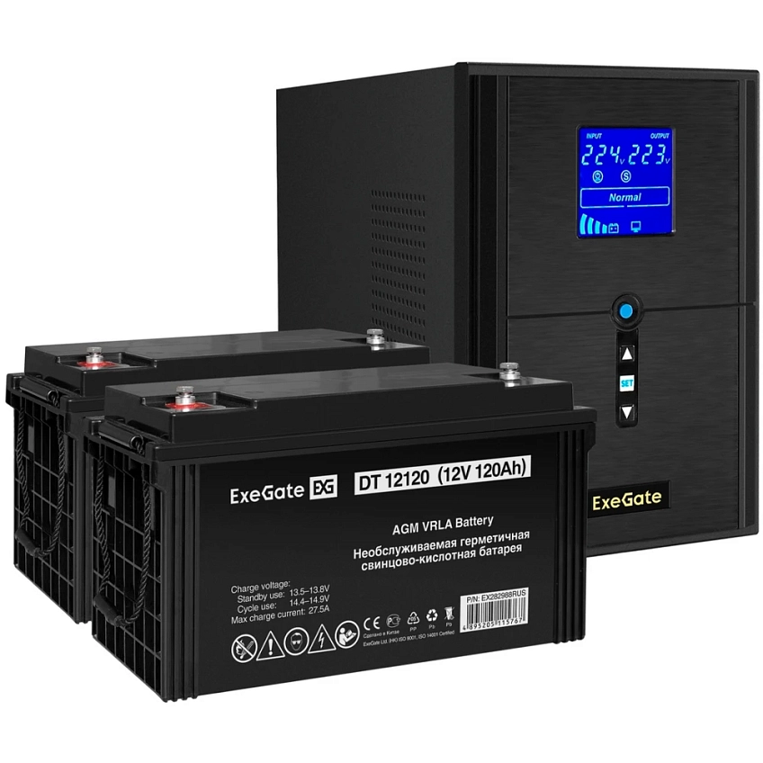 ИБП + батарея ExeGate SineTower SZ-2000.LCD.AVR.3SH.1C13.USB + 2x DT 12120 (120Ач) - фото 1
