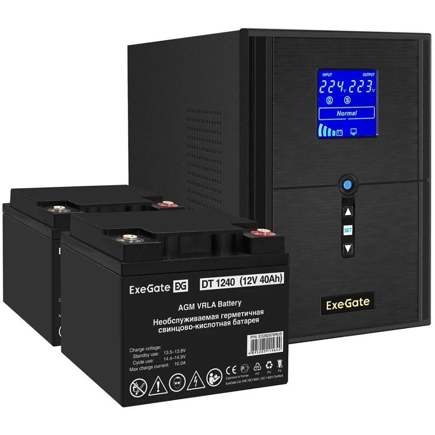 ИБП + батарея ExeGate SineTower SZ-2000.LCD.AVR.3SH.1C13.USB + 2x DT 1240 (40Ач) - фото 1