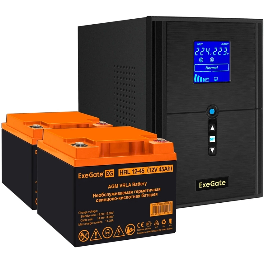 ИБП + батарея ExeGate SineTower SZ-2000.LCD.AVR.3SH.1C13.USB + 2x HRL 12-45 (45Ач) - фото 1